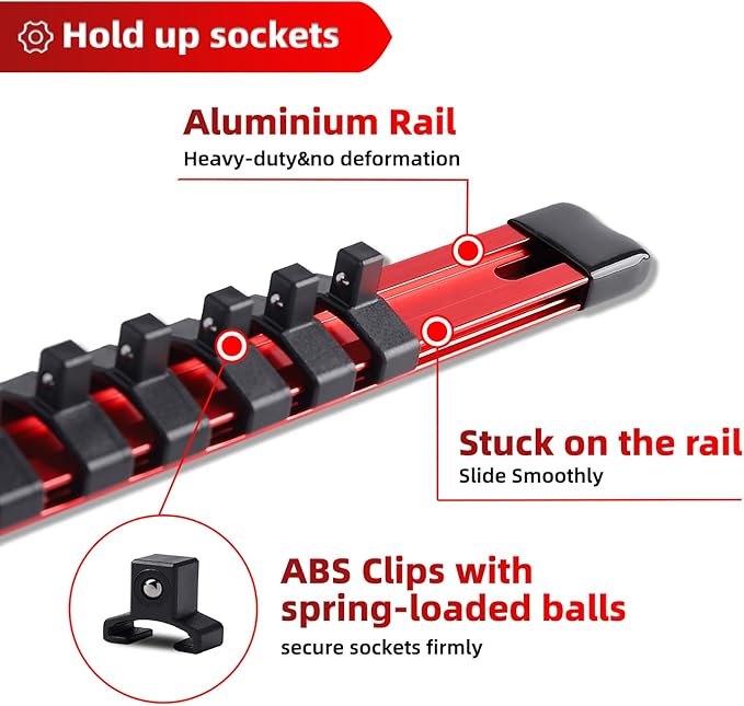 ALOANES 3-Piece Aluminum Alloy Socket Organizer, Heavy Duty Socket Racks, Socket Holder Kit for Toolbox Drawer Fit 1/2, 3/8, 1/4-Inch Socket Holder x 58 Clips (Red)