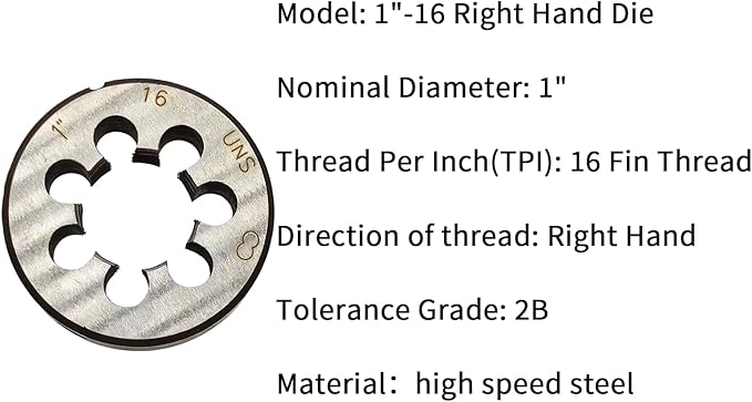 Lzcdelyxiao 1"-16 Die UNC 1"-16 TPI Right Hand Nominal Diameter 1" Thread Per Inch 16 Fin Thread Tolerance Grade 2B Right Hand Thread High Speed Steel HSS