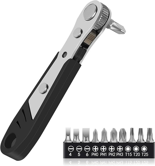 10-In-1 Angled Ratchet Screwdriver Set竊?0 Degree Right Angle, Angled and Offset Screwdrivers for Tight Spaces. Practical, Multifunctional, Professional Mini Ratchet Set