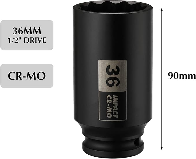 EMENTOL 1/2 Inch Drive Deep Spindle Axle Nut Impact Socket, CR-MO, 12 Point, Metric, Deep 12PT Impact Socket - 36mm