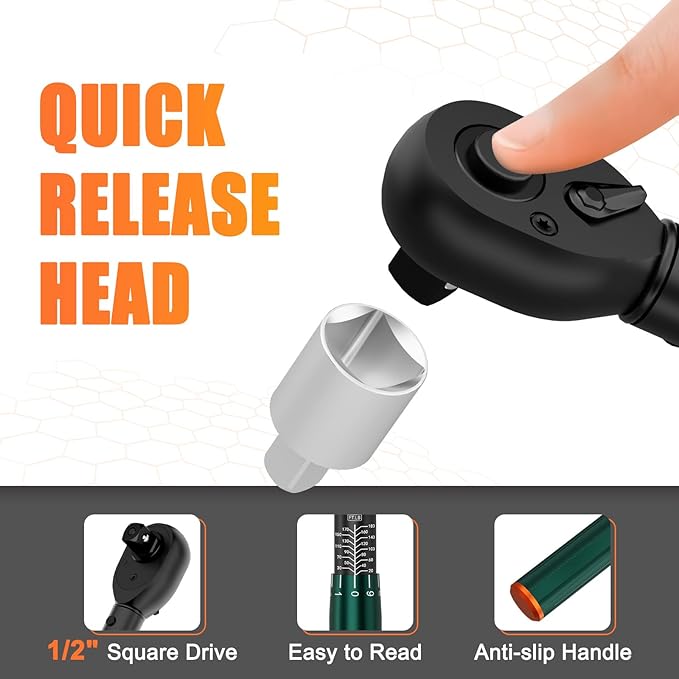 1/2-Inch Drive Torque Wrench, 20-180 Ft.Lb, 짹3% Accuracy, 72-Tooth Dual-Direction Adjustable Click Torque Wrench with Quick Release Ratchet for Bicycle, Motorcycle, Car Maintenance