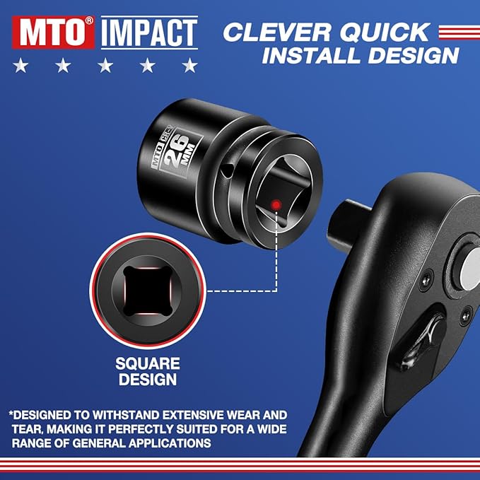 MTO 1/2" Drive 26mm Shallow Impact Socket, 6-Point Metric Socket for Automotive Maintaince, CR-V Steel Meets ANSI Standards