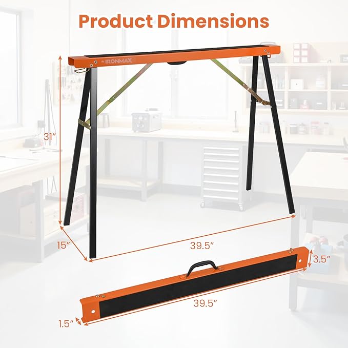 Goplus Saw Horses 2 Pack , Portable Heavy-Duty Galvanized Metal Power Tool Stand w/ Non-slip Top & Hinge Brace, Quick-Folding Saw Horses w/ Carrying Handle for Woodworking