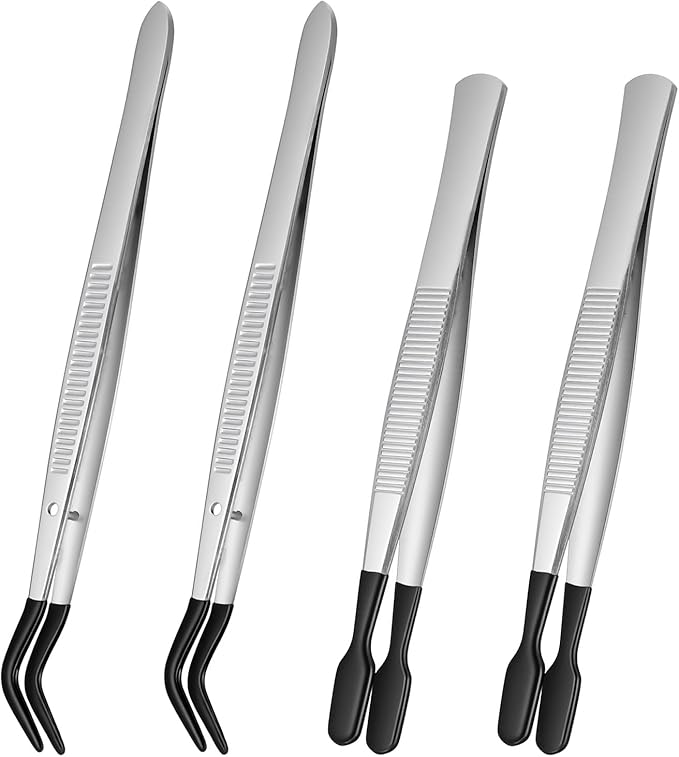 4Pcs Bead Jewelry Tweezer Forceps Rubber Tipped Tweezers Flat and Bent Silicone Tipped Forceps for Crafting Stamps Tongs Lab Industrial
