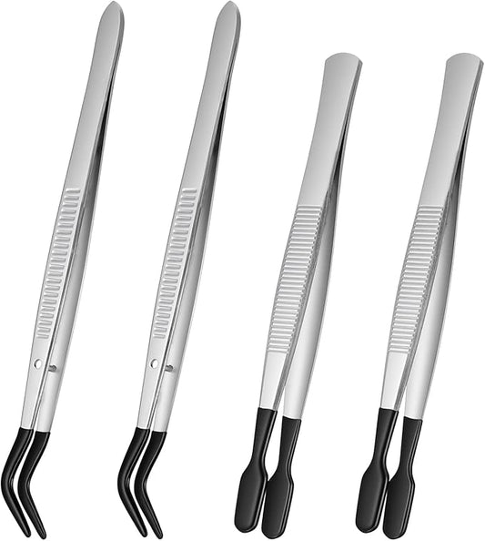 4Pcs Bead Jewelry Tweezer Forceps Rubber Tipped Tweezers Flat and Bent Silicone Tipped Forceps for Crafting Stamps Tongs Lab Industrial