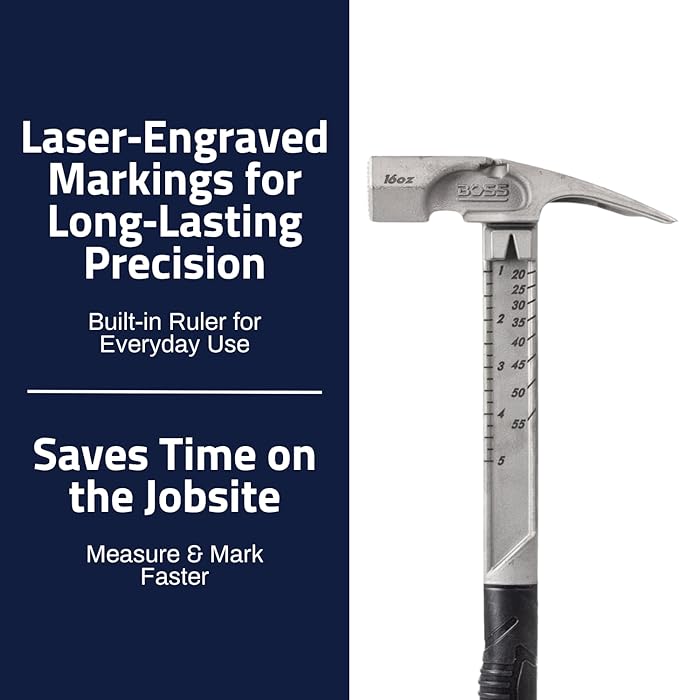 Boss Hammer 16 oz. Pro Plus Titanium Hammer - Ti64 Construction Grade, New Side Nail Extractor, 20% Thicker Handle, 1/4" Tether Hole, Milled Face - Made in the USA - BHPPS16TIM
