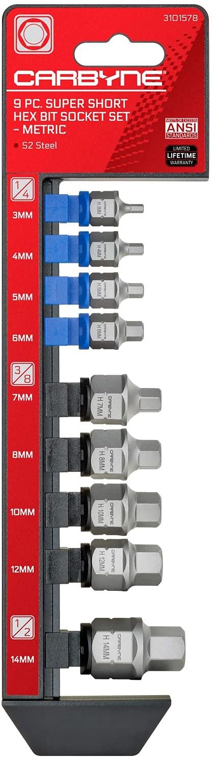 CARBYNE 9-Piece Metric Super Short Low Profile Hex (Allen) Bit Socket Set | 3mm to 14mm, Dual-Drive: Internal Square Drive & External Hex Drive ??From a Family-Run Tool Company in the U.S.