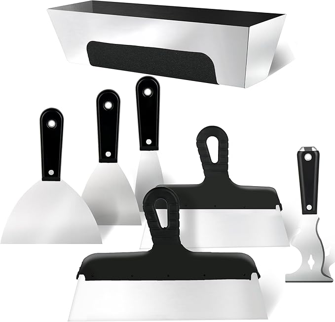 Drywall Knife Set, 7PCS Drywall Tools with Mud Pan, Stainless Steel 2??3??4??6??10??12??Knife Set Putty Knives, Taping Knives, Painter Scraper, 12??Mud Pan, Spackle Tool Kit for Repairing Work