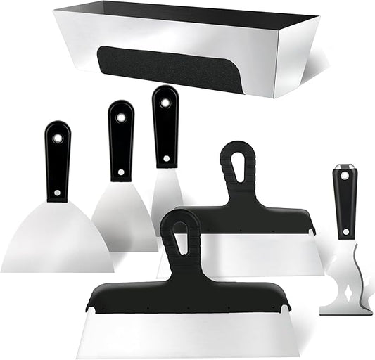 Drywall Knife Set, 7PCS Drywall Tools with Mud Pan, Stainless Steel 2??3??4??6??10??12??Knife Set Putty Knives, Taping Knives, Painter Scraper, 12??Mud Pan, Spackle Tool Kit for Repairing Work