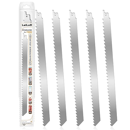 LEILUO 12-Inch Frozen Meat Bone Cutting Reciprocating Saw Blades 5 Piece Stainless Steel Sawzall Blades with Storage Box
