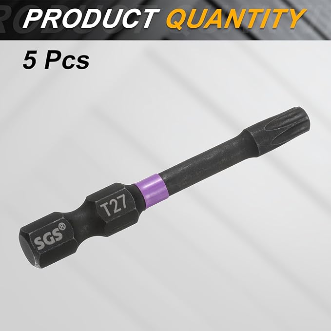 HARFINGTON 5pcs T27 Torx Head Impact Screwdriver Bits 1/4" Hex Shank 2" (50mm) Long Magnetic No Hole Tamper Proof 6 Point Star Screw Driver Drill Bits Phosphate S2 Steel Power Tools