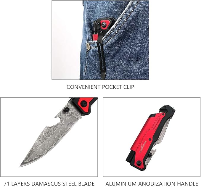 ALBATROSS 6-in-1 Modern Damascus Steel Folding Pocket Knives with LED Light,Seatbelt Cutter,Glass Breaker,Magnesium Fire Starter,Bottle Opener;Multi-Function Emergency Tool(Red-DA)