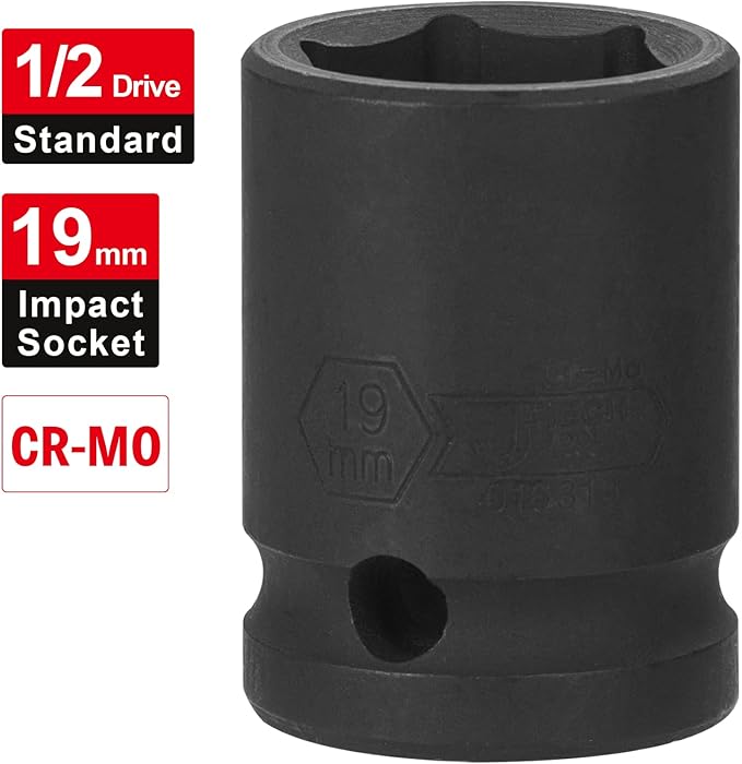 Jetech 1/2 Inch Drive 19mm Standard Impact Socket, Chrome Molybdenum Alloy Steel, 6-Point Design, Metric