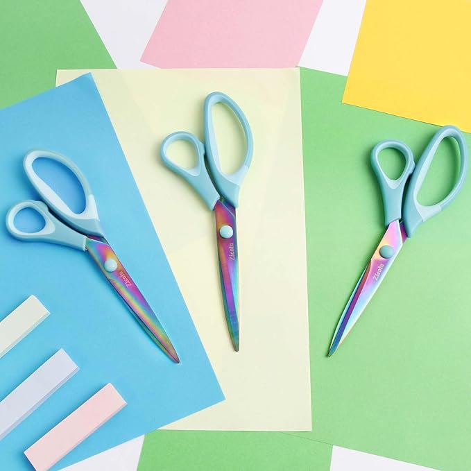 8.5" Scissors All Purpose, Multipurpose Office Scissors Set of 3 Pack, Titanium Coating Sharp Blade, Soft Comfort-Grip, Ideal for Fabric, School, Home, Craft & Sewing, Right/Left Handed, Blue