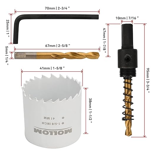 Mollom (41mm | 1-5/8") HSS M42 with 8% Cobalt BI-Metal Hole Saw with 2 Pilot Drill Bits & Arbor Smooth Cutting for PVC,Drywall,Wood,Plastic,Gypsum Board,Rubber