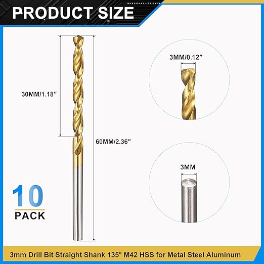 PATIKIL 3mm Drill Bit, M42 8% Cobalt High-Speed Steel Jobber Straight Shank 135° Titanium Nitride (TiN) Coated for Hard Metal Stainless Steel - 10 Pack