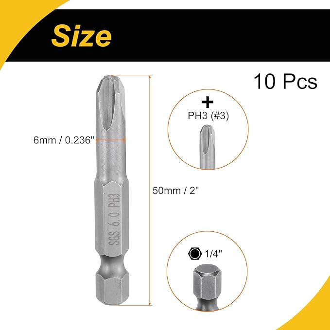 10 Pcs Magnetic Phillips Screwdriver Bit PH3 1/4" Hex Shank 50mm Long 6mm Rod