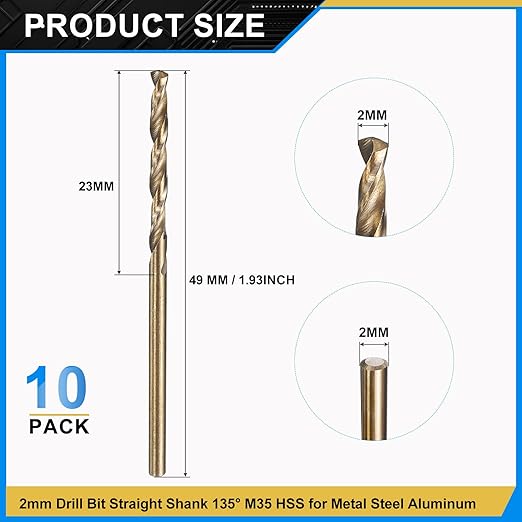 PATIKIL 2mm Drill Bit, Jobber Straight Shank M35 Cobalt 5% High-Speed Steel 135째 Gold Finish for Stainless Steel Hard Metal - 10 Pack
