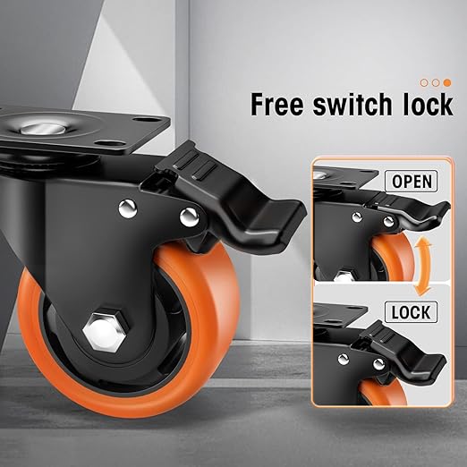 Casters, 3" Caster Wheels竊똂asters Set of 8 Heavy Duty - ASRINIEY Orange Polyurethane Castors, Top Plate Swivel Wheels, 8-Pack Industrial Casters with Brake, Locking Casters for Furniture and Workbench