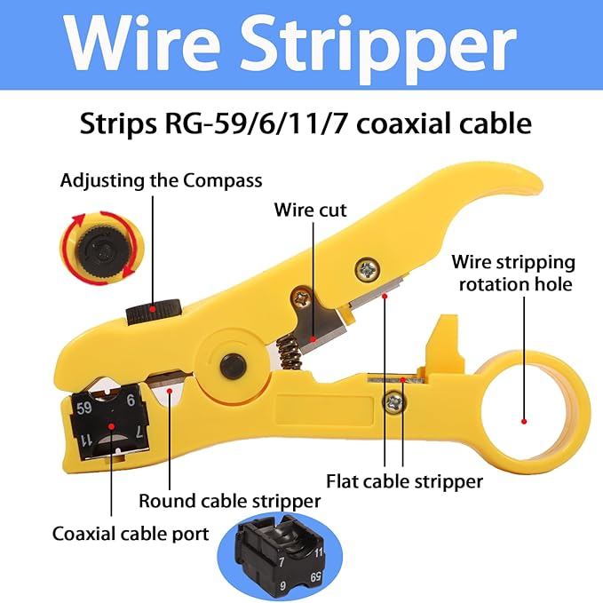 XINTAIHELE RG6 Compression Connectors Coax Cable Crimper Tool Kit,Coaxial Cable Repair F RG6 RG59 Fitting Wire Coax Stripper 20PCS F-Type Male Connector Coaxial Cable 2M