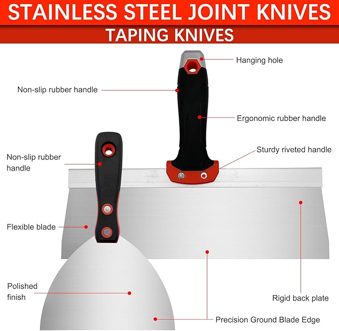 13 Pcs Drywall Knife Set, Putty Knives Kit with Mud Pan, 1????????Spackle Knife, 7????0??2??Taping Knife, 3??Painter Scraper, Inside & Outside Corner Trowel Hand Tools