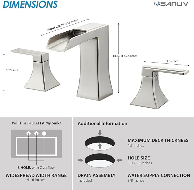 Brushed Nickel Bathroom Faucet, Sanliv Widespread Bathroom Faucet for 3-Hole Sinks 4-8 inch, 2-Handle Waterfall Vanity Faucets with Pop-Up Drain, Brushed Nickel