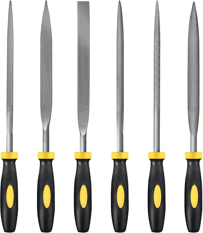 MORROWIND Small 6-Piece Needle File Set, Diameter 0.19" Length 7.09" Hardened Alloy Steel Mini File for Metal Wood Plastic, Includes Flat, Warding, Square, Triangular, Round, Half-Round, Yellow