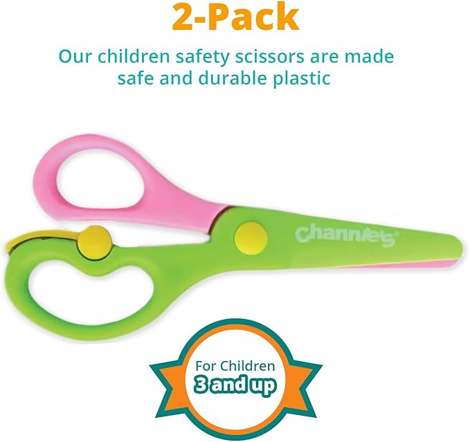 Channie's Safety Scissors for Small Hands (Ages 3-5) - Kid-Safe Plastic Training Scissors for Preschoolers, Child Hand-Eye Coordination Development, Kids Scissors, Toddler Safety Scissors (2 pack)