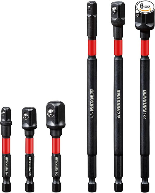 6Pcs Impact Socket Adapter Set,1/4" 3/8" and 1/2" Drive, (3" and 6") Extension Bit with Holder, Adapt Your Power Drill to High Torque Impact Wrench