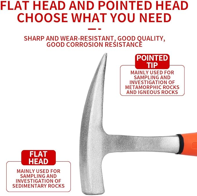 13-Piece Set - Geological Rock Pick and Hammer Set, Rockhound Field Guide - Backpacking Portable Chisel and 32-Ounce Hammer Set - Tools for Rock Hounding and Gold Mining (Red)