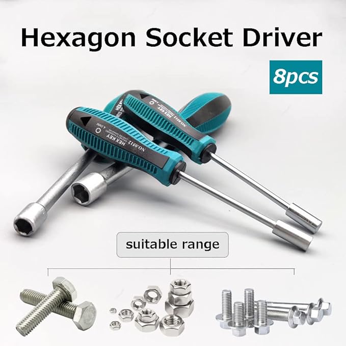 8Pcs Hex Nut Driver Set, 7mm-14mm Chrome Vanadium Alloy Steel Deep Hole Socket Wrench Screwdriver with Non-Slip Handle Screw Fastening Tool, with PE Bag Packaging