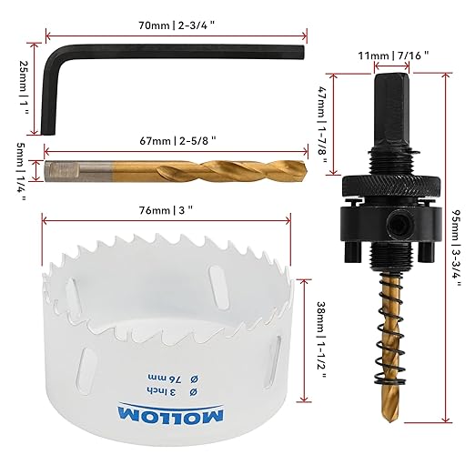Mollom (76mm | 3") HSS M42 with 8% Cobalt BI-Metal Hole Saw with 2 Pilot Drill Bits & Arbor Smooth Cutting for PVC,Drywall,Wood,Plastic,Gypsum Board,Rubber