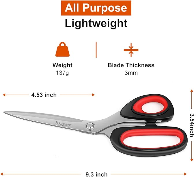 iBayam Scissors All Purpose, 9.3 Inch Scissors Heavy Duty Stainless Steel Shears for Home Household Cutting Fabric Leather, Sewing Shears, Paper Box Cutter, Package Opener, Hand Cutting Tools