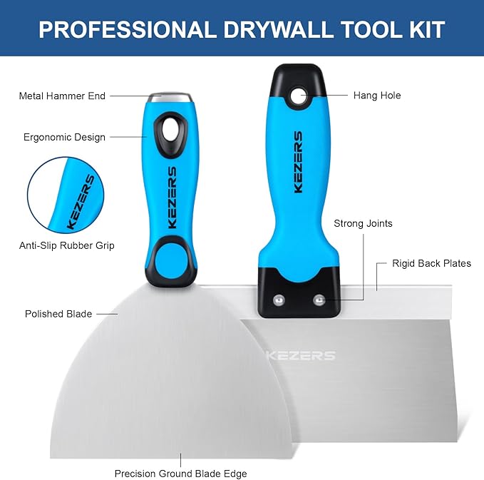 KEZERS Drywall Hand Tool Kit, 7 Pieces 3" 4" 5" 6" 8" 12" Stainless Steel Drywall Knife with Metal Hammer End, includes Putty Knife, Taping Knife, and 12" Mud Pan with Ergonomic Grip for Drywall Work