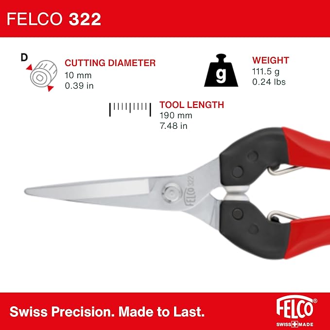 Felco F322 Pruning Snips ??9.84" Garden Clippers with Curved Blade & Rounded Tip | Pruning Shears for Gardening | Garden Snips and Pruners with Carbon Steel Blade, Sap Groove