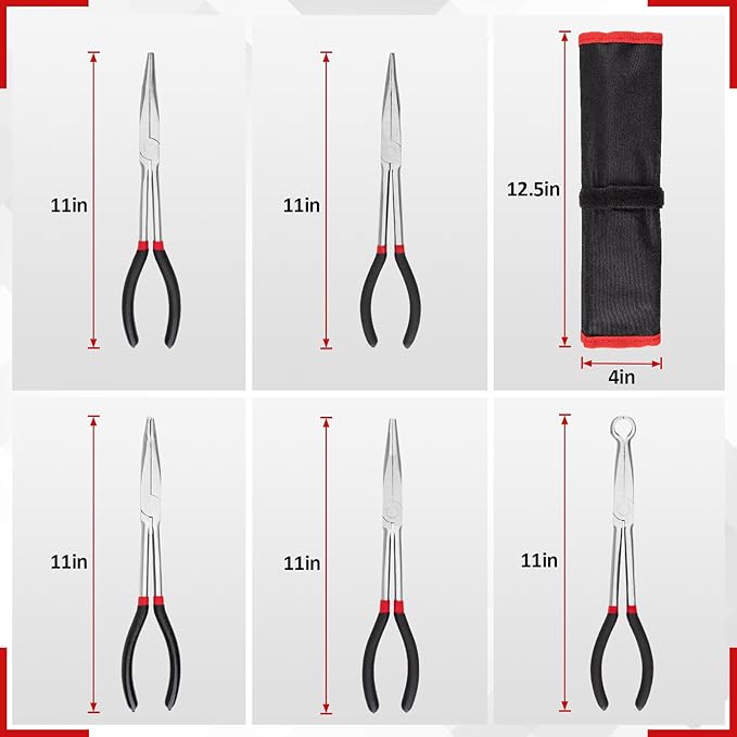 5Pcs Bent Nose Pliers 11 Inch Extra Long Needle Nose Pliers Set, Straight, 25째/45째/90째 Bent, Circle Nose for Narrow Spaces, Hard to Reach Areas & Precision Work