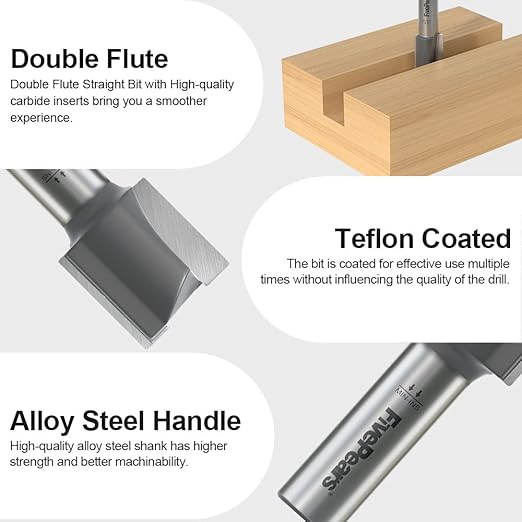 FivePears Straight Router Bits 1/2 Inch Shank Double Flute, 1 Inch Cutting Diameter, 3/4 Inch Cutting Length, Used for Create Groove, Dado or Hollow
