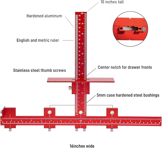 Cabinet Hardware Jig Punch Locator with Extended Ruler, Aluminum Alloy Cabinet Template Tool with Upgrade Box for Installation Handles Knob on Drawer Door Pulls (Red)