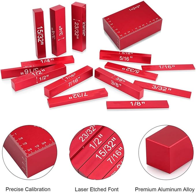15-Piece Imperial Aluminum Gauge Block Set for Woodworking, Red, 1/16" to 1-31/32" Range, Precision Calibration with Laser Etched Font, Includes Storage Case