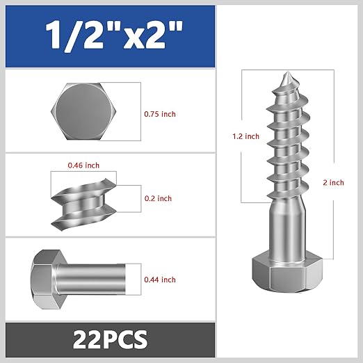 Lag Screws Wood Screws (22PCS, 1/2"x2", Silver) Hex Head Lag Bolts,(12x50) Heavy Duty Lag Screws,304 Stainless Steel Bolts 18-8