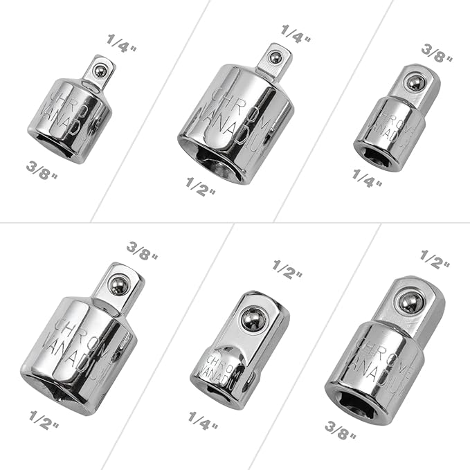 6PCS Socket Adapter and Reducer Set,1/4", 3/8", 1/2" Adapter Set Chrome Vanadium Steel Ratchet/Socket Conversion Kit for Automotive Maintenance (Silver)
