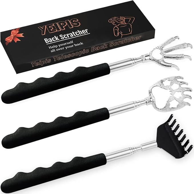 3 Pack Back Scratcher Metal Portable Telescoping with Rubber Handles, Extendable Back Massager Tool with Beautiful Box, White Elephant Stocking Stuffers Gifts for Men Women Christmas Presents