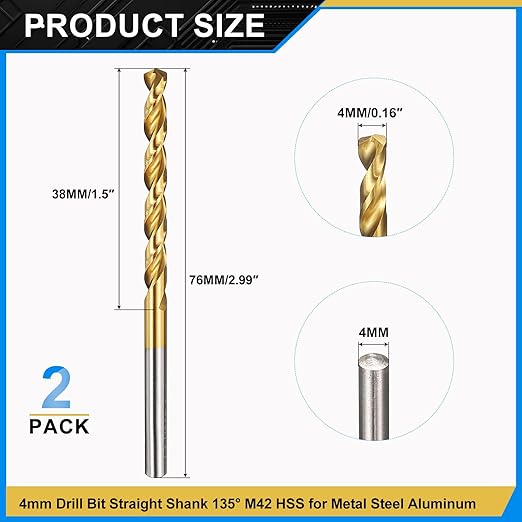 PATIKIL 4mm Drill Bit, M42 8% Cobalt High-Speed Steel Jobber Straight Shank 135° Titanium Nitride (TiN) Coated for Hard Metal Stainless Steel - 2 Pack