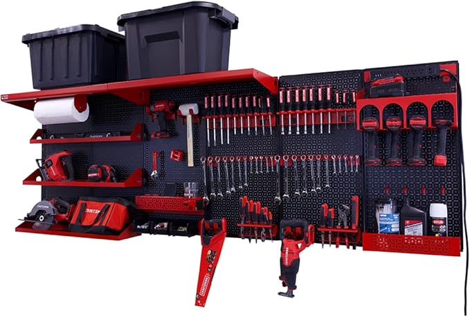 OmniWall Weekend Warrior Ultimate Tool Kit-96" x 32" Metal Pegboard Wall Storage System Black/Red