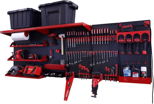 OmniWall Weekend Warrior Ultimate Tool Kit-96" x 32" Metal Pegboard Wall Storage System Black/Red