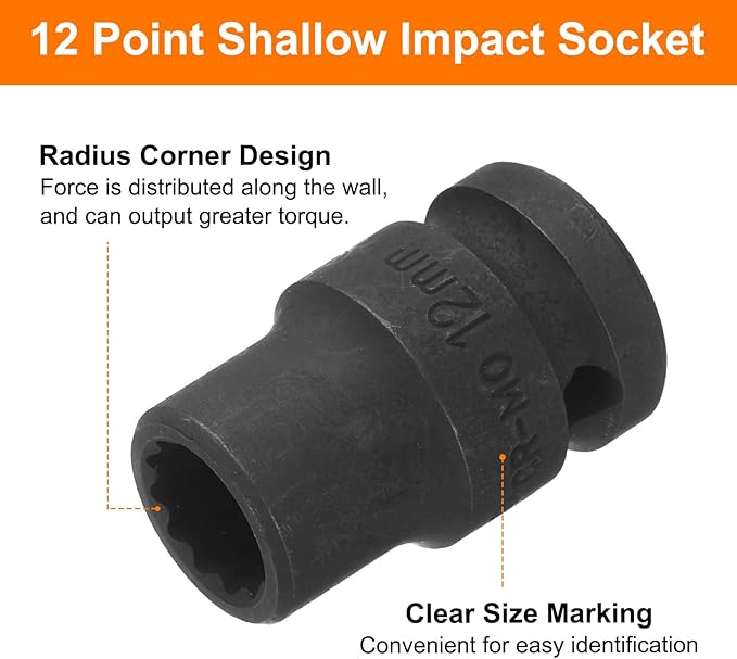uxcell 1/2" Drive x 12mm Shallow Impact Socket 12-Point Metric CR-MO Steel Nut Impact Grade Socket for Auto Repair