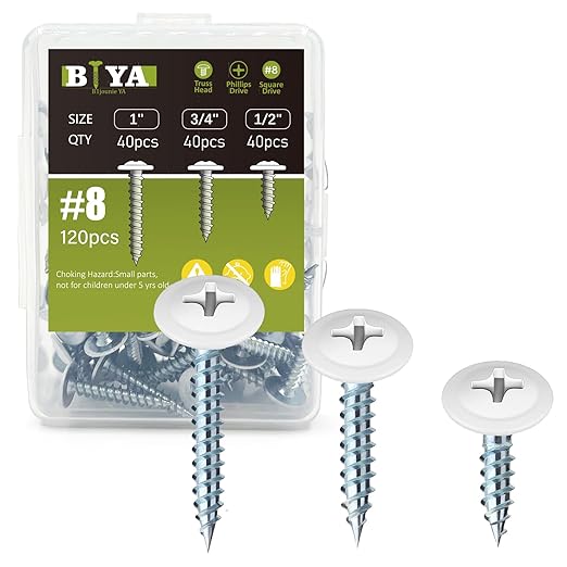 White Head Screws,120pcs #8 Thread Truss Head Fast Self Tapping White Pan Cabinet Screws Wood Work for Wall Plates, 1/2 Inch, 3/4 Inch, 1 Inch