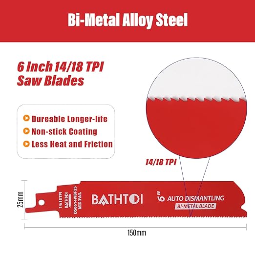 25 Pack 6 Inch 14/18 Tpi Reciprocating Saw Blades for Metal Cutting, Carbide Alloy Steel Sawzall Blades for Automobile Dismantling with 8% Cobalt for Longer Life and Faster Cutting Speed