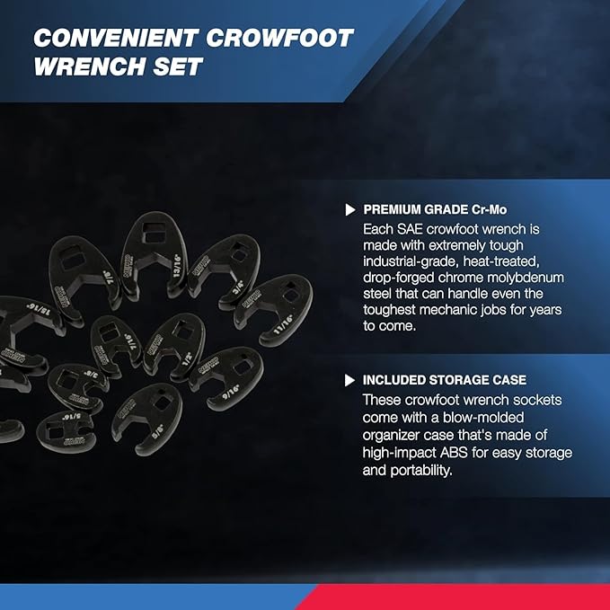Neiko 03323A Crowfoot Wrench Set 1/2" and 3/8??Drive, 12 Piece, SAE Crows Foot Wrench Sizes 5/16??to 1?? Chrome-Moly Flare Nut Wrench Set