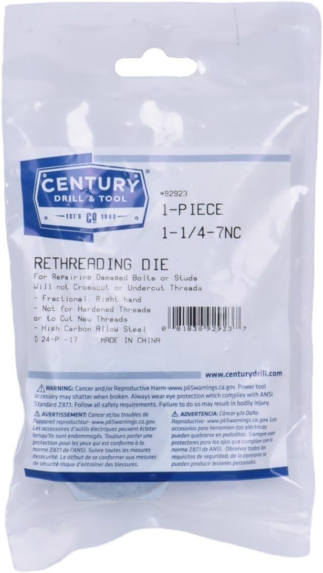Century Drill & Tool 92923, 1-1/4-7 NC, National Coarse Fractional Right Hand Rethreading Die, High Carbon Steel, Fix Damaged Bolts or Studs